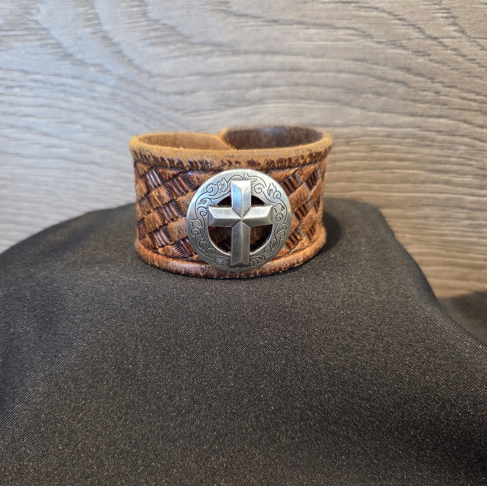 Upcyled Brown Leather Cuff Bracelet with Silver Cross